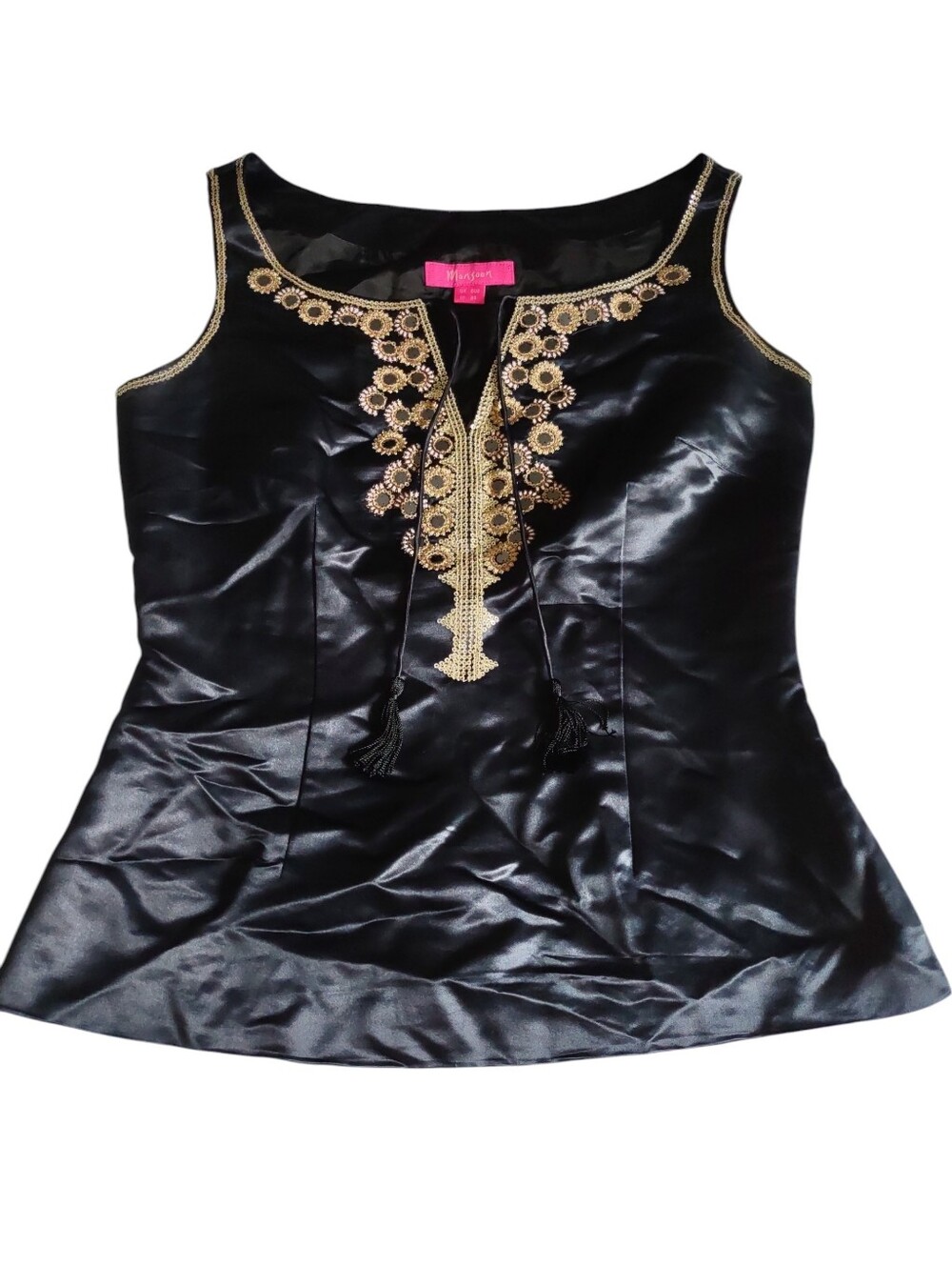 Monsoon Size 6 Black 100% Silk Embellished Tank Top